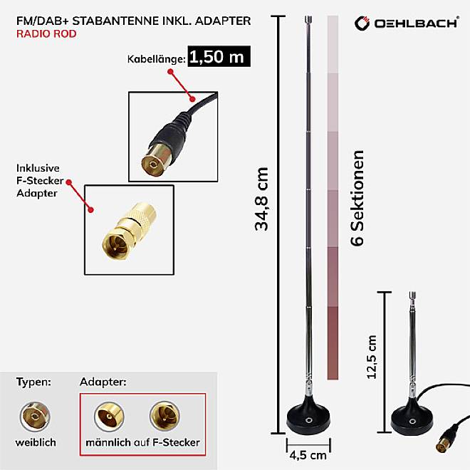 'FM/DAB+ Staafantenne incl. Adapter. Lengte: 34,8 cm, Kabel: 1,50 m, Adapter: mannelijk op F-connector. Geschikt voor 6 secties.'
