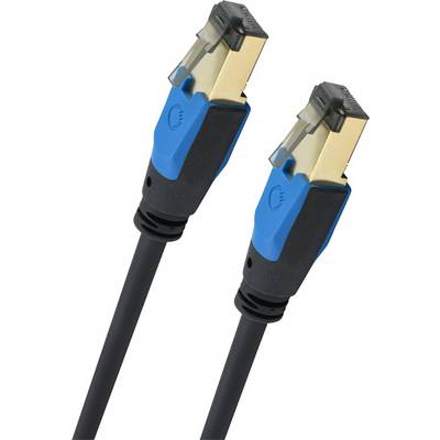 Twee blauwe en zwarte Ethernet-kabels met vergulde connectoren, geschikt voor netwerkverbindingen.