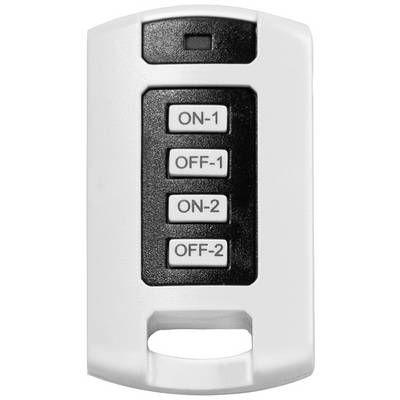 Afstandsbediening met vier knoppen, gemarkeerd 'ON-1', 'OFF-1', 'ON-2' en 'OFF-2'. Zwart-wit kleurenschema.