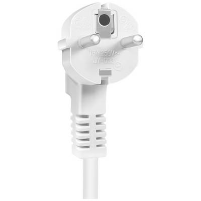 Een witte Schuko-stekker met twee metalen pennen voor 250V en 16A.