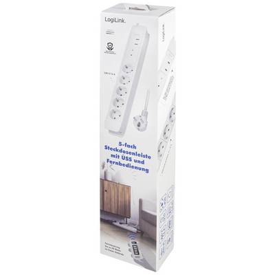 'LogiLink 5-voudige stekkerdoos met overspanningsbeveiliging en afstandsbediening. Geschikt voor TV, audio en meer. Kabellengte 1,4m.'