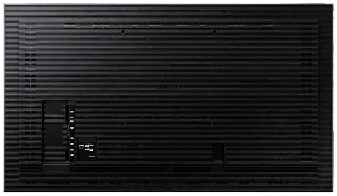 Achterkant van een zwarte flatscreen-tv, toont aansluitingen en ventilatiesleuven. Geen beeldscherm zichtbaar.