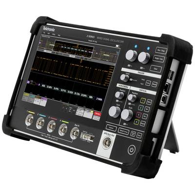 Een oscilloscoop met een display dat digitale signalen weergeeft, inclusief diagrammen en curves voor de analyse van elektronische schakelingen.