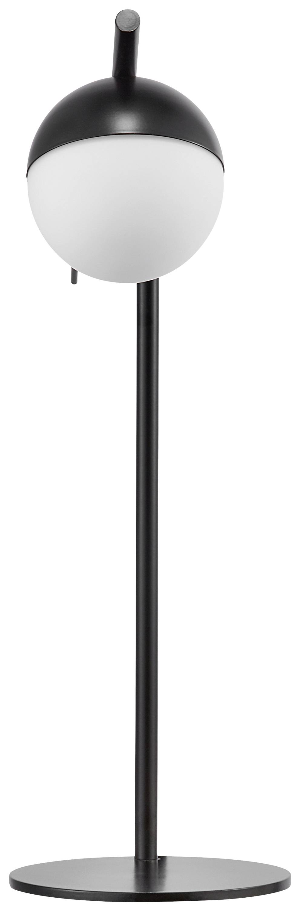 Moderne staande lamp met een bolronde witte lampenkap en zwart frame. Minimalistisch ontwerp, geschikt voor hedendaagse interieurs.