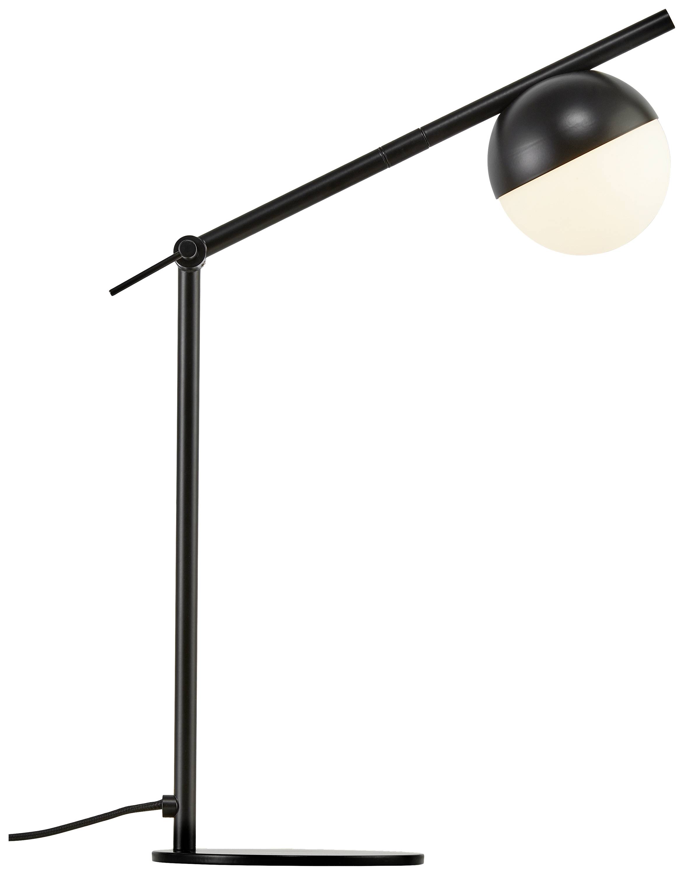 Zwarte bureaulamp met een ronde, tweekleurige lampenkap op een slanke, verstelbare arm en een stabiele voet.
