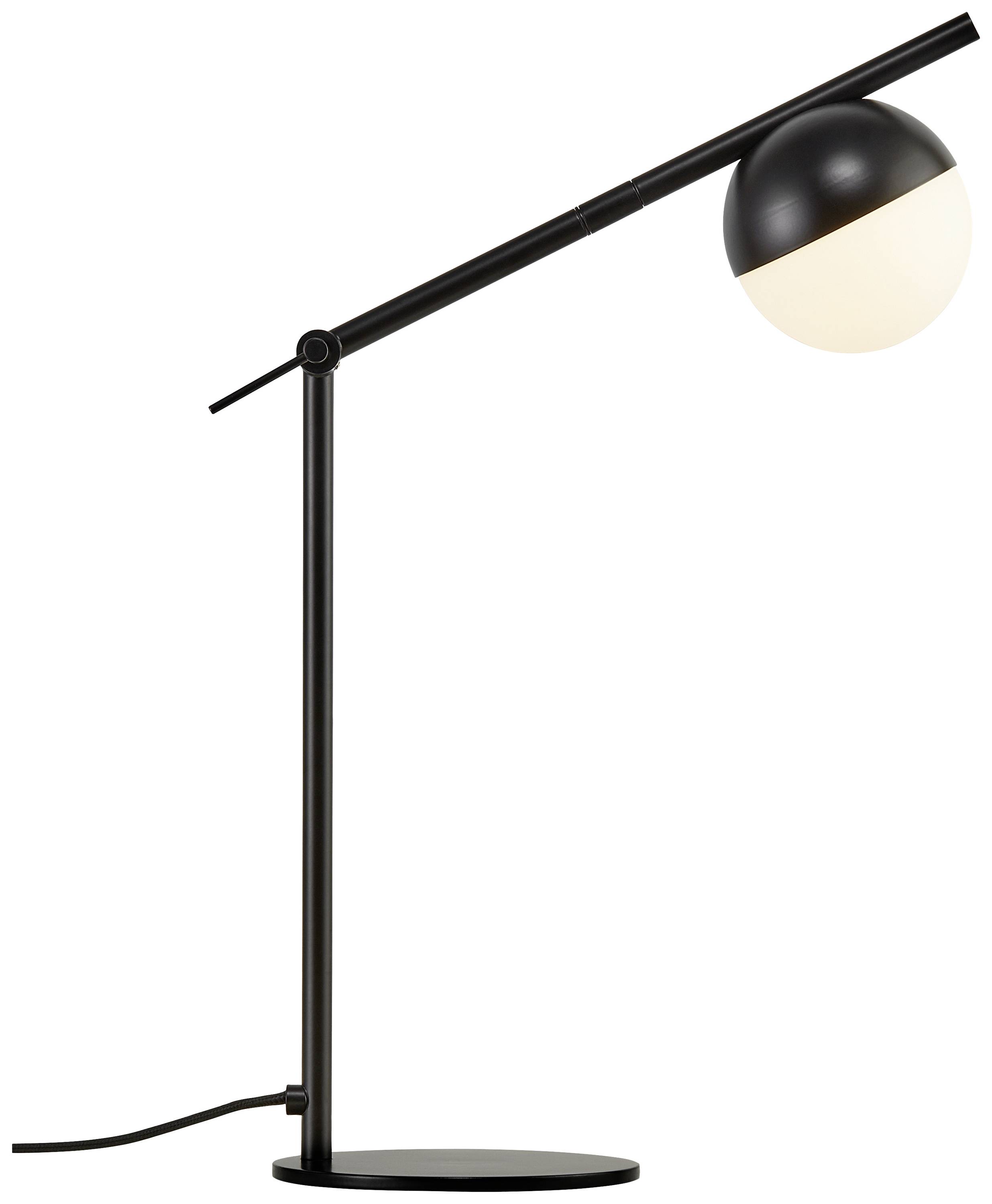 Moderne zwarte tafellamp met bol-vormige lampenkap, strak design, geschikt voor kantoor- of woonruimtes.