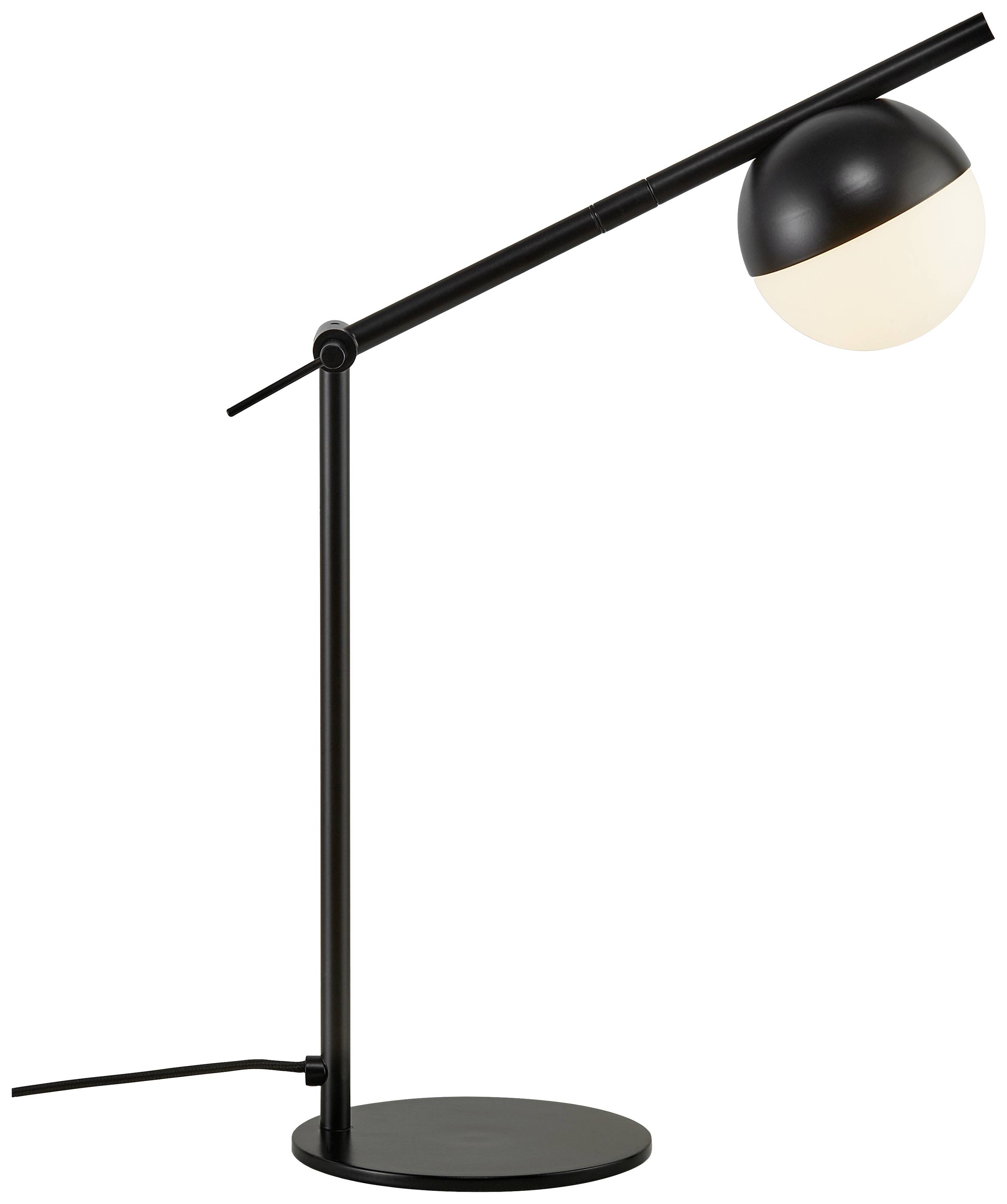 Zwarte, moderne tafellamp met een bol-vormige lampenkop en een strak design. De vormgeving is minimalistisch en functioneel.