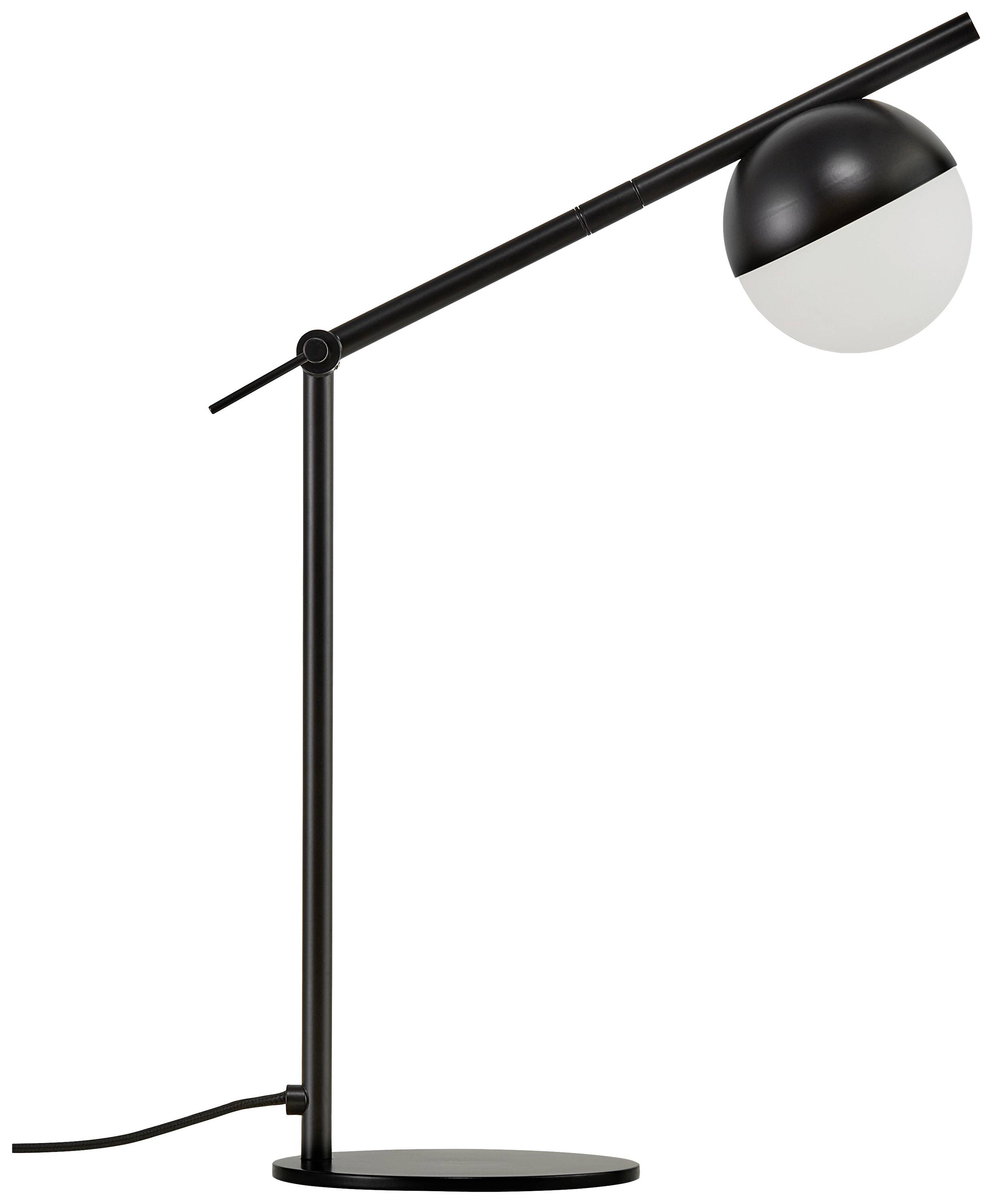 Een minimalistische zwarte tafellamp met een bolronde, witte lampenkap op een lange, slanke arm.