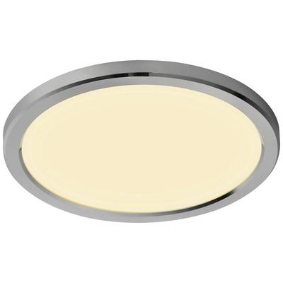 Ronde plafondlamp met chromen rand en warmwit licht in het midden.