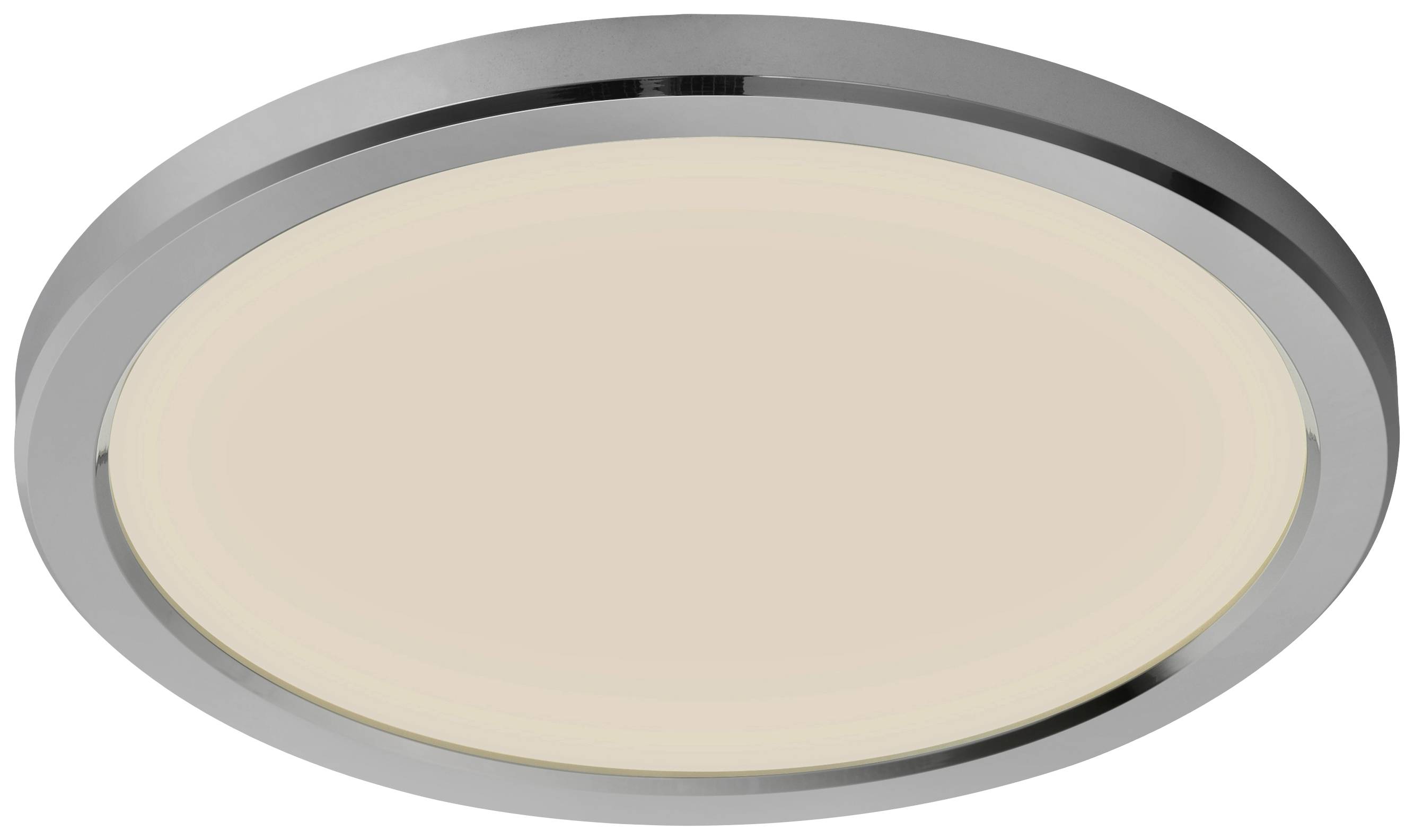 Ronde plafondlamp met zilveren rand en zandkleurig oppervlak, geschikt voor gelijkmatige ruimteverlichting.