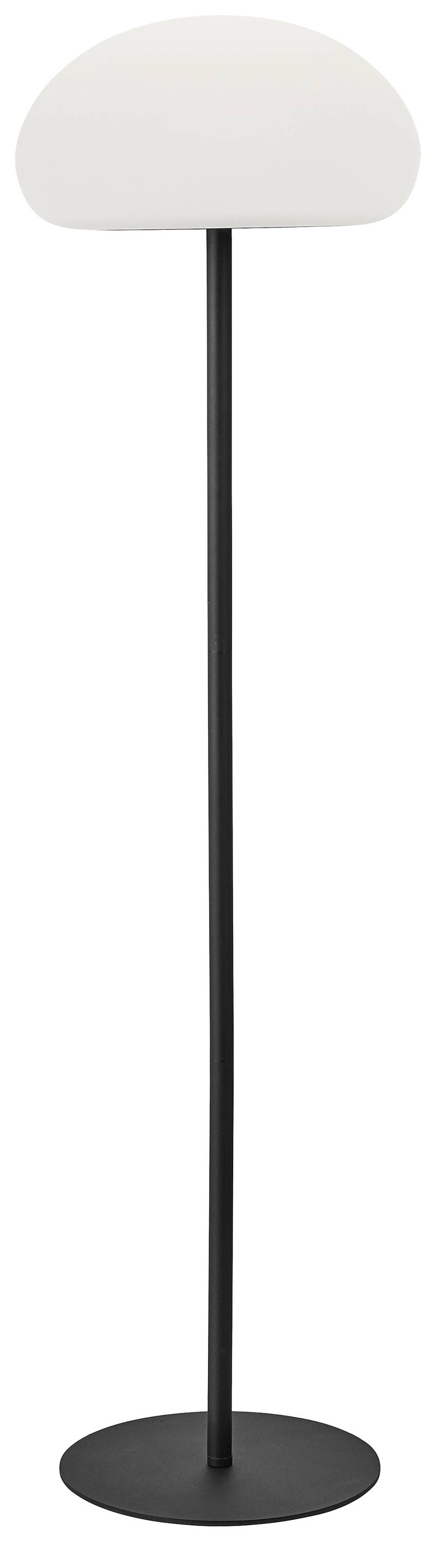 Staande lamp met een zwarte voet en een rond, wit armatuur bovenaan. Modern design geschikt voor woon- of kantoorruimtes.