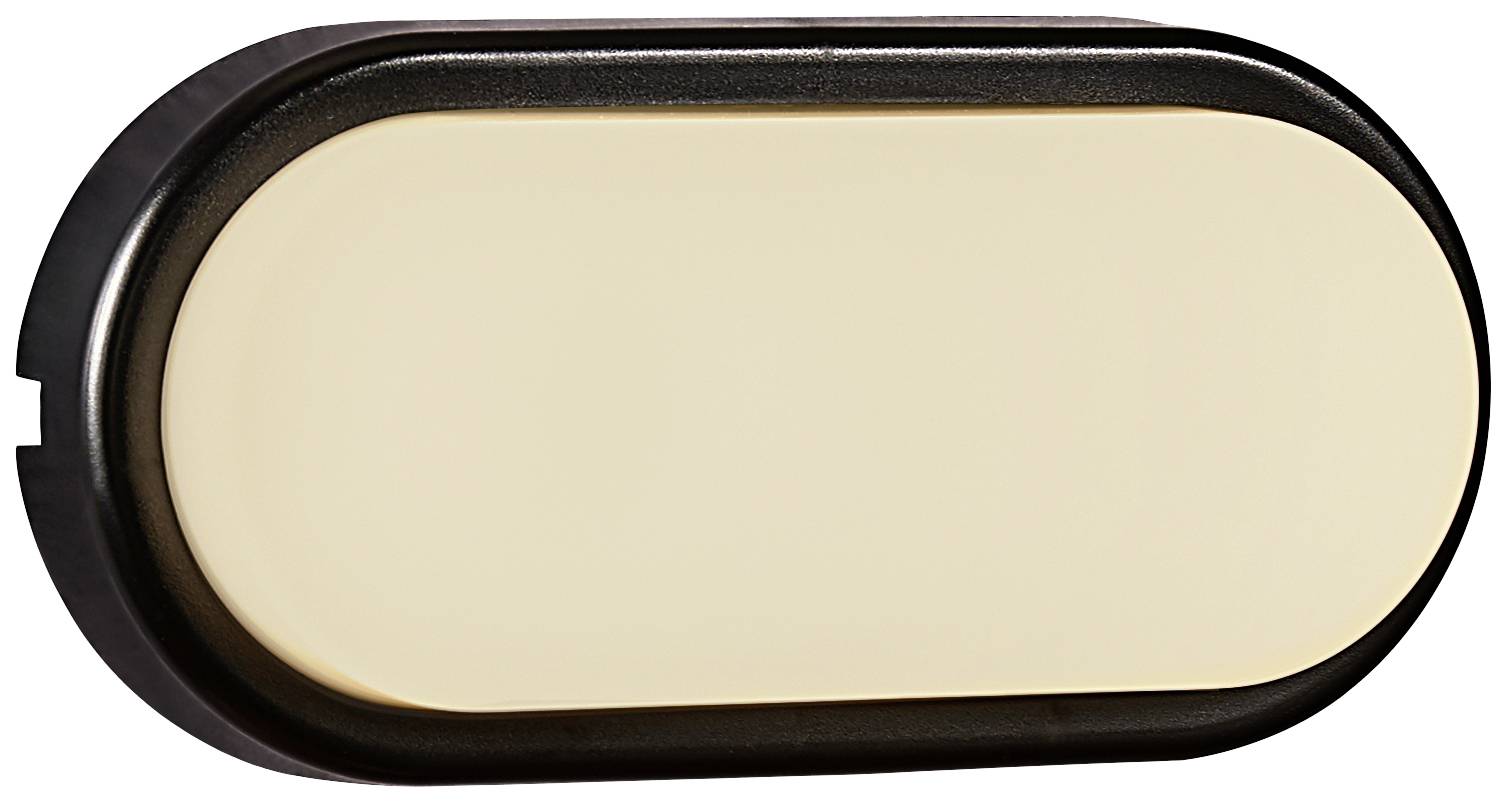 Een ovale schakelaar met zwarte rand en crèmekleurige oppervlakte.