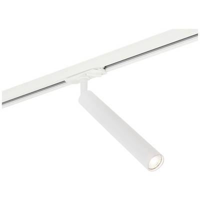 Witte railverlichting met een cilindrische stralenkop die aan de rail hangt, gericht van links naar rechts, en naar beneden schijnt.