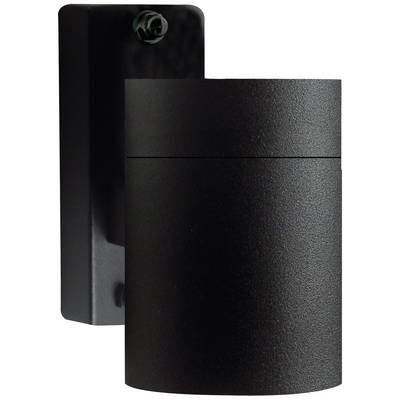 Cilindrische, zwarte buitenlamp aan een wandbevestiging, geschikt voor moderne gebouwen.