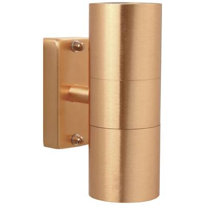 Cilindervortige buitenwandlamp in koperkleur met twee lichtbronnen, één boven en één onder. Ideaal voor moderne gevelverlichting.