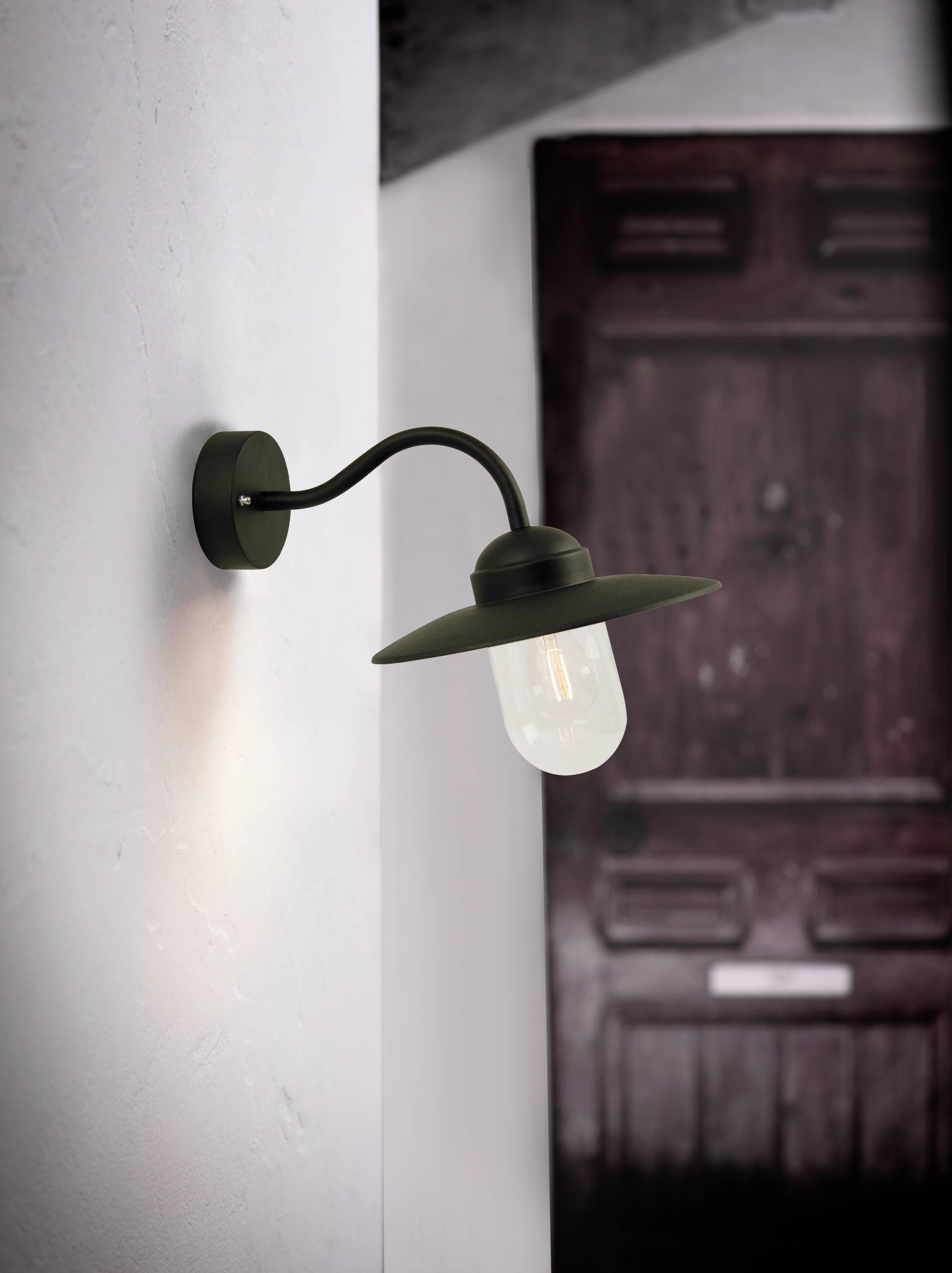 Buitenlamp gemonteerd aan een muurvlak, straalt zacht licht uit, met op de achtergrond een houten deur. Verlichting van een ingangssituatie.
