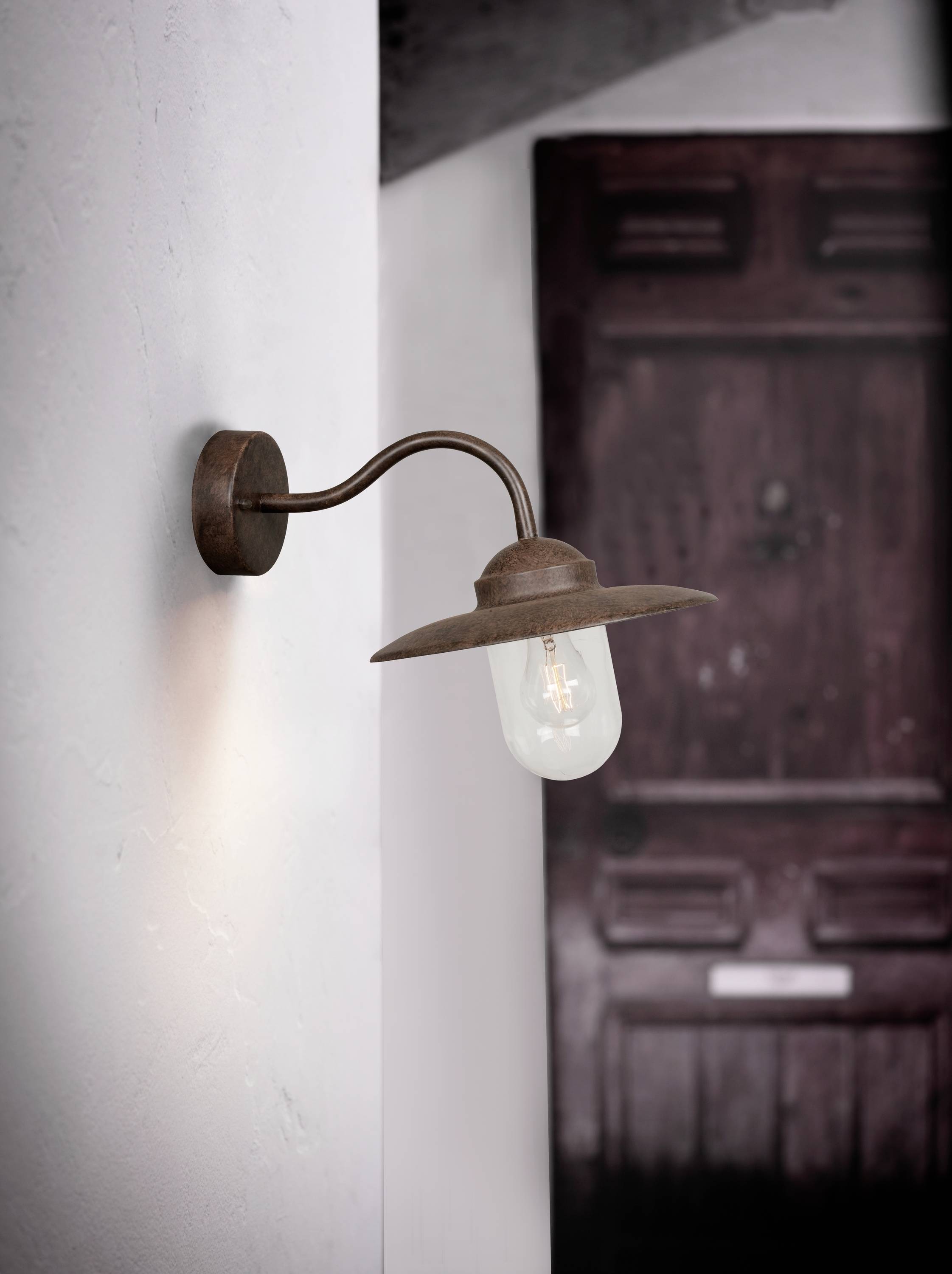 Wandlamp in vintage-stijl met gebogen arm en heldere glazen bol; op de achtergrond een houten deur.