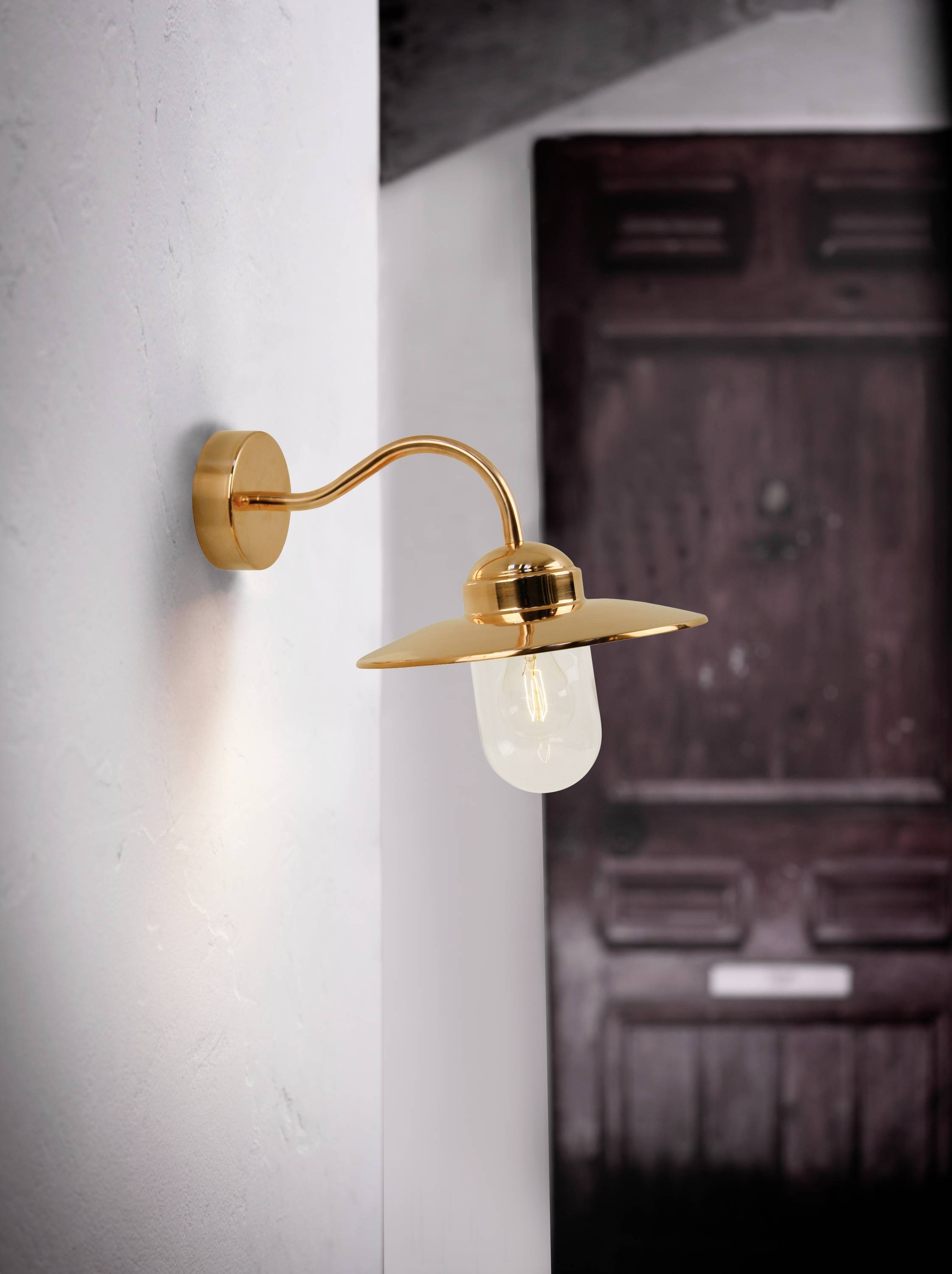 Een gouden wandlamp met een gebogen arm en een transparante lampenkap is gemonteerd aan een witte muur. Op de achtergrond een houten deur.