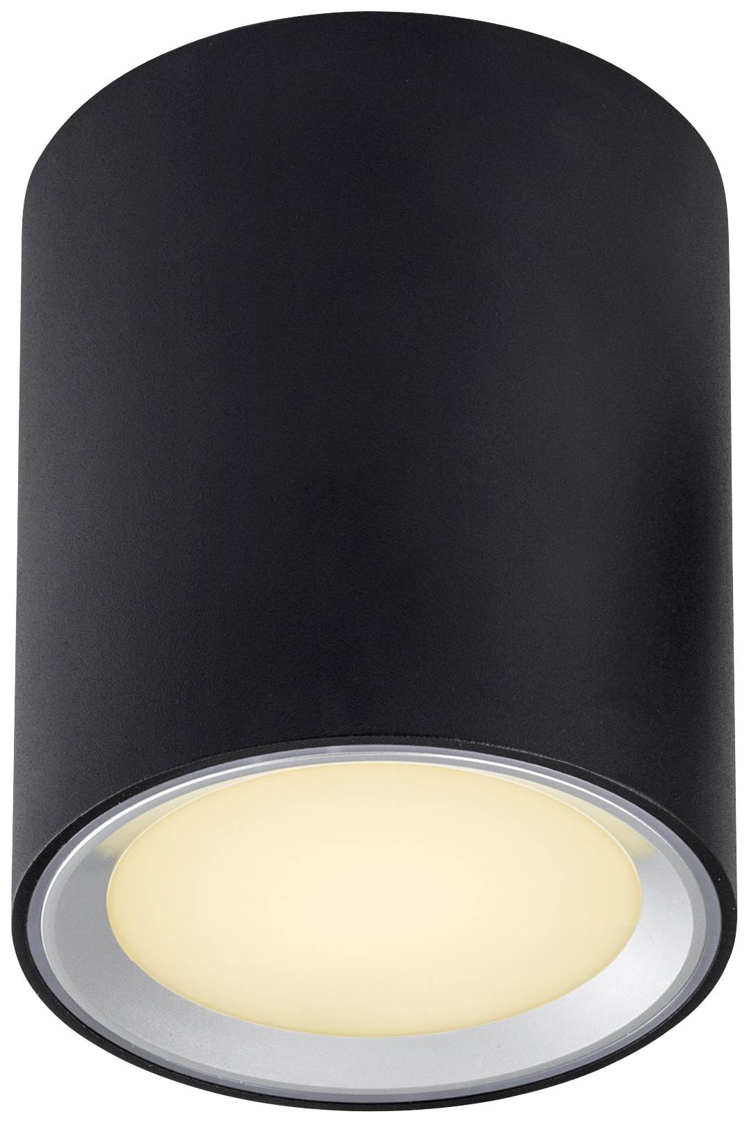 Een moderne, cilindrische plafondlamp in zwart met een warmwit lichtschijnsel. Ideaal voor stijlvolle binnenverlichting.
