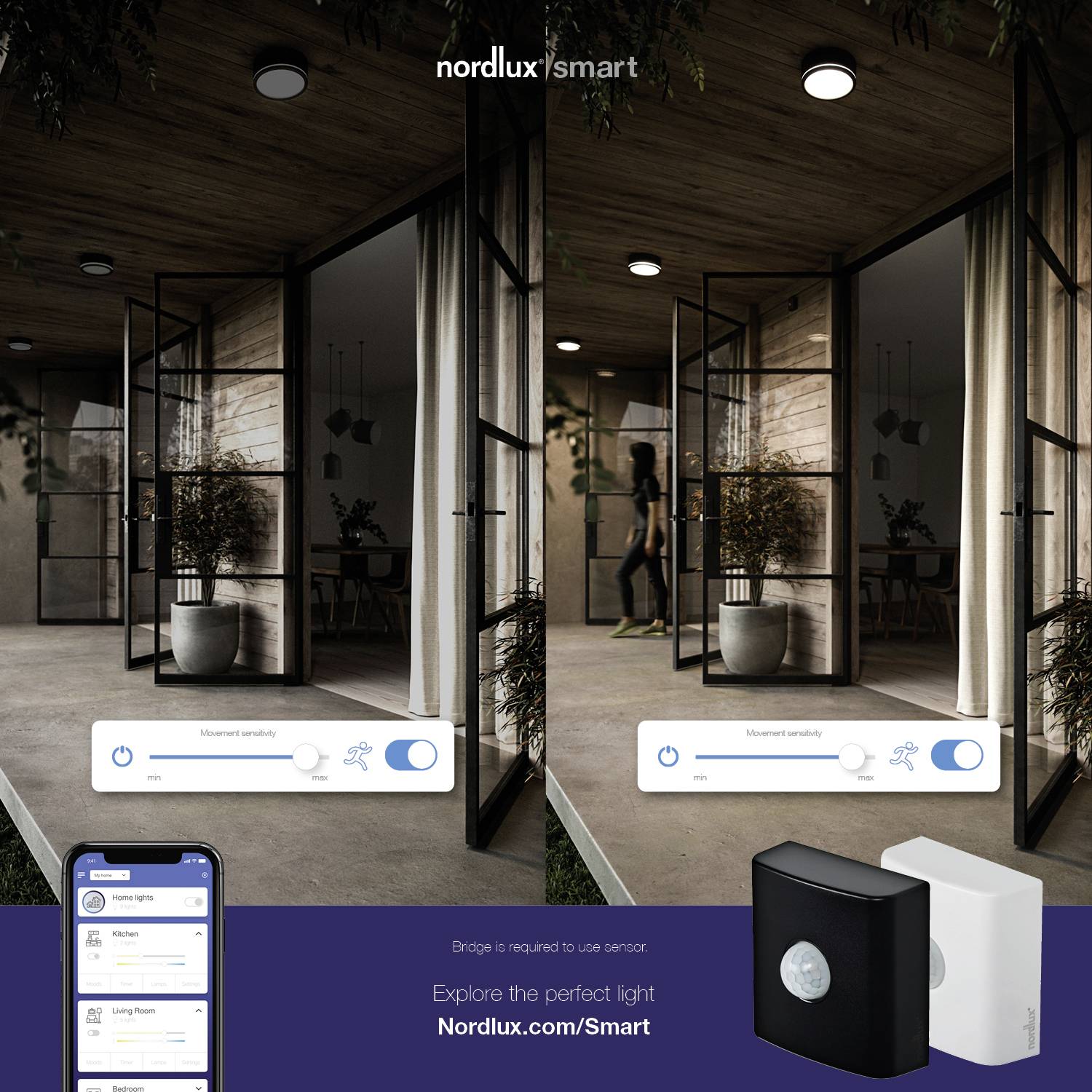 'Nordlux Smart'-reclame toont een woonkamer overdag en 's nachts met een lichtintensiteitsregelaar en smartphone-app voor de besturing van de verlichting. Bevat sensoren.