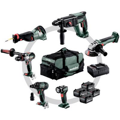 Metabo accu-gereedschapset met boormachine, slagboormachine, haakslipmachine, reciprocerende zaag, batterijlader, batterijen en transporttas.