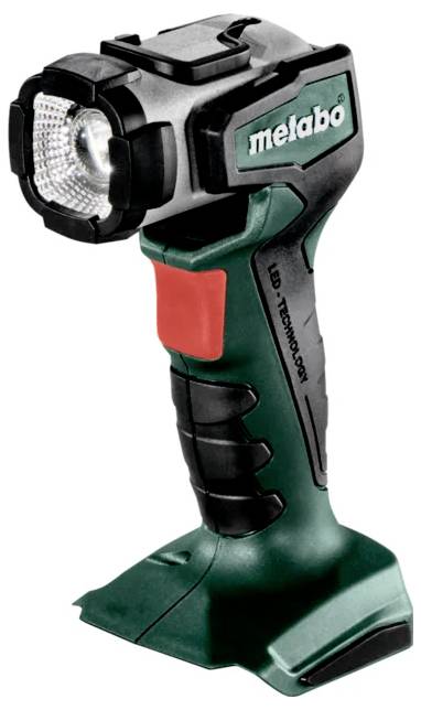 Een draagbare LED-werklamp met een groen en zwart handvat, rode knop en voorzien van het 'metabo' merk.