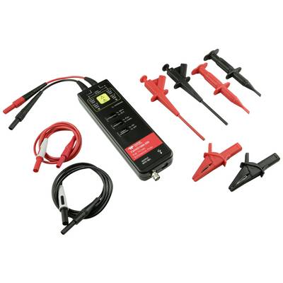 Meettoebehoren-set met verschillende meetpennen, rode en zwarte kabels evenals een hoofdapparaat, geschikt voor elektrische metingen.