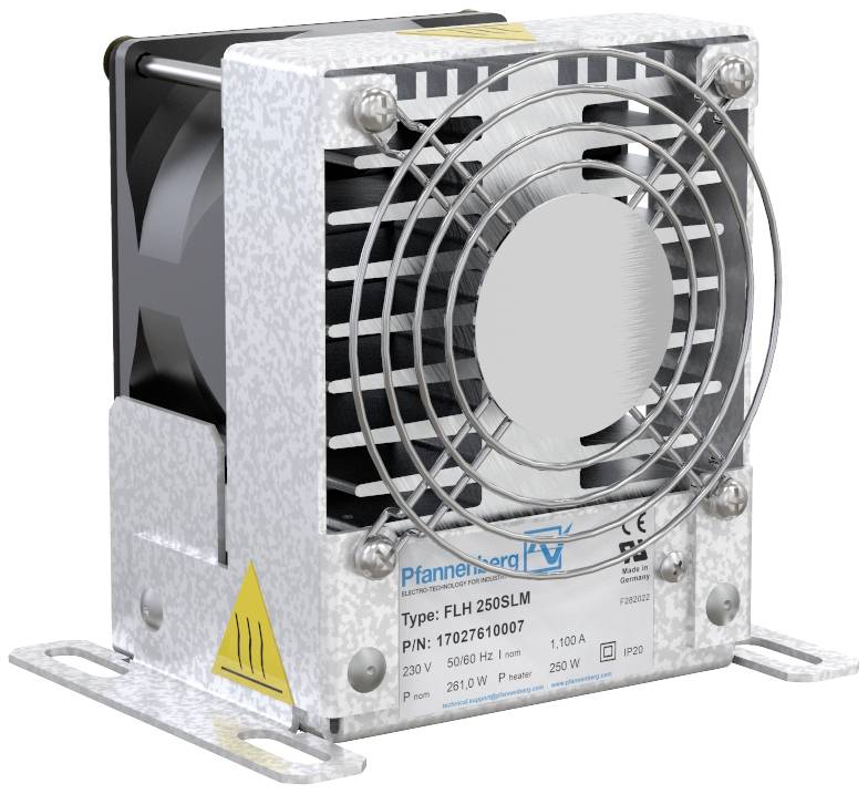 Een zilveren, metalen ventilatie-apparaat van het merk Pfannenberg, model FLH 250SLM, met ventilatierooster en meerdere technische specificaties.