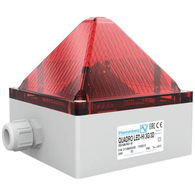 Een rood, piramidaal LED-alarmlicht met de opschrift 'Quadro LED-Hi 3G/3D' aan de voorkant, gemonteerd op een grijs behuizing.