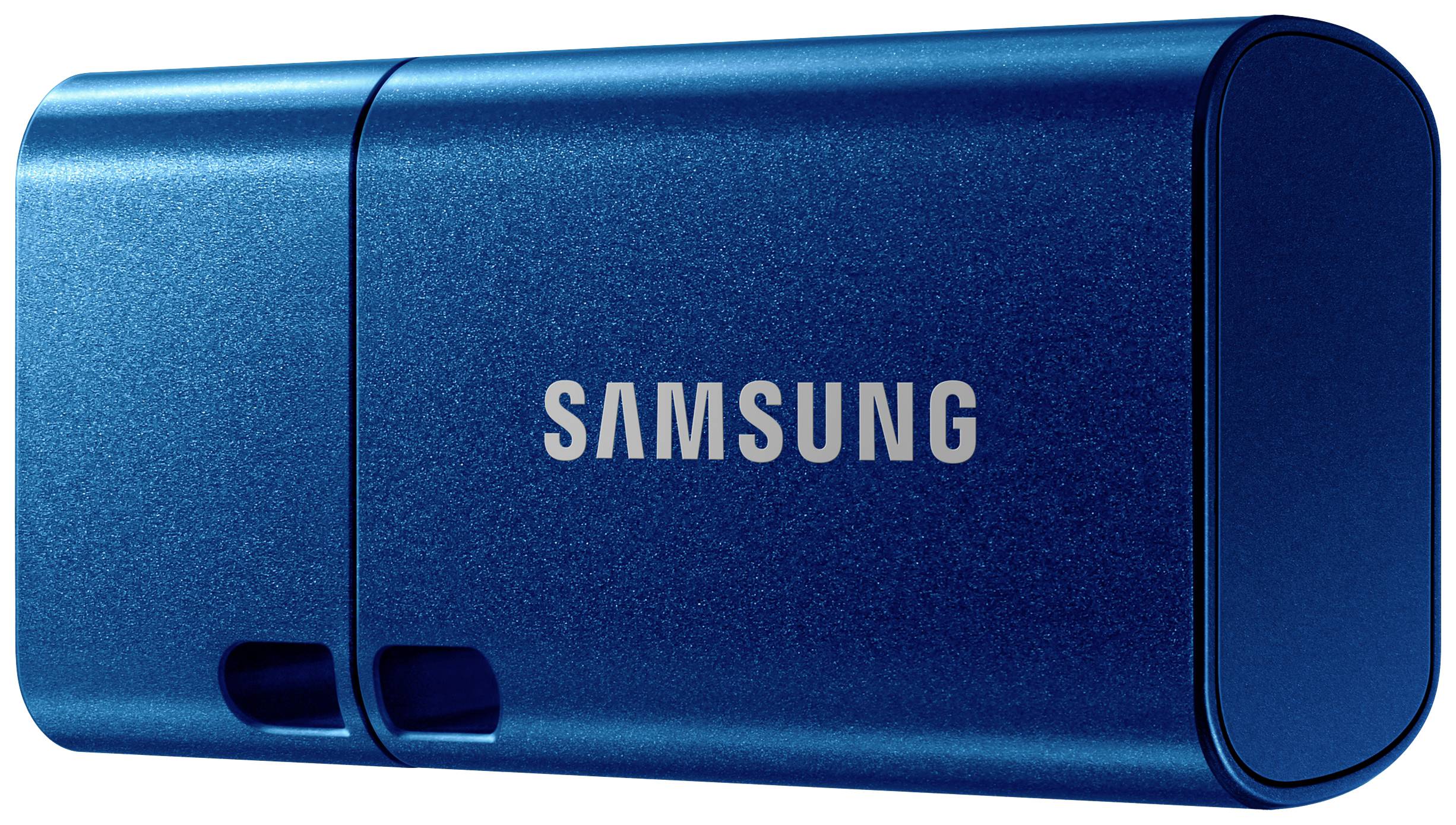 Een compacte, blauw glanzende USB-stick van Samsung met een afneembare beschermkap, geschikt voor het opslaan van grote hoeveelheden gegevens.