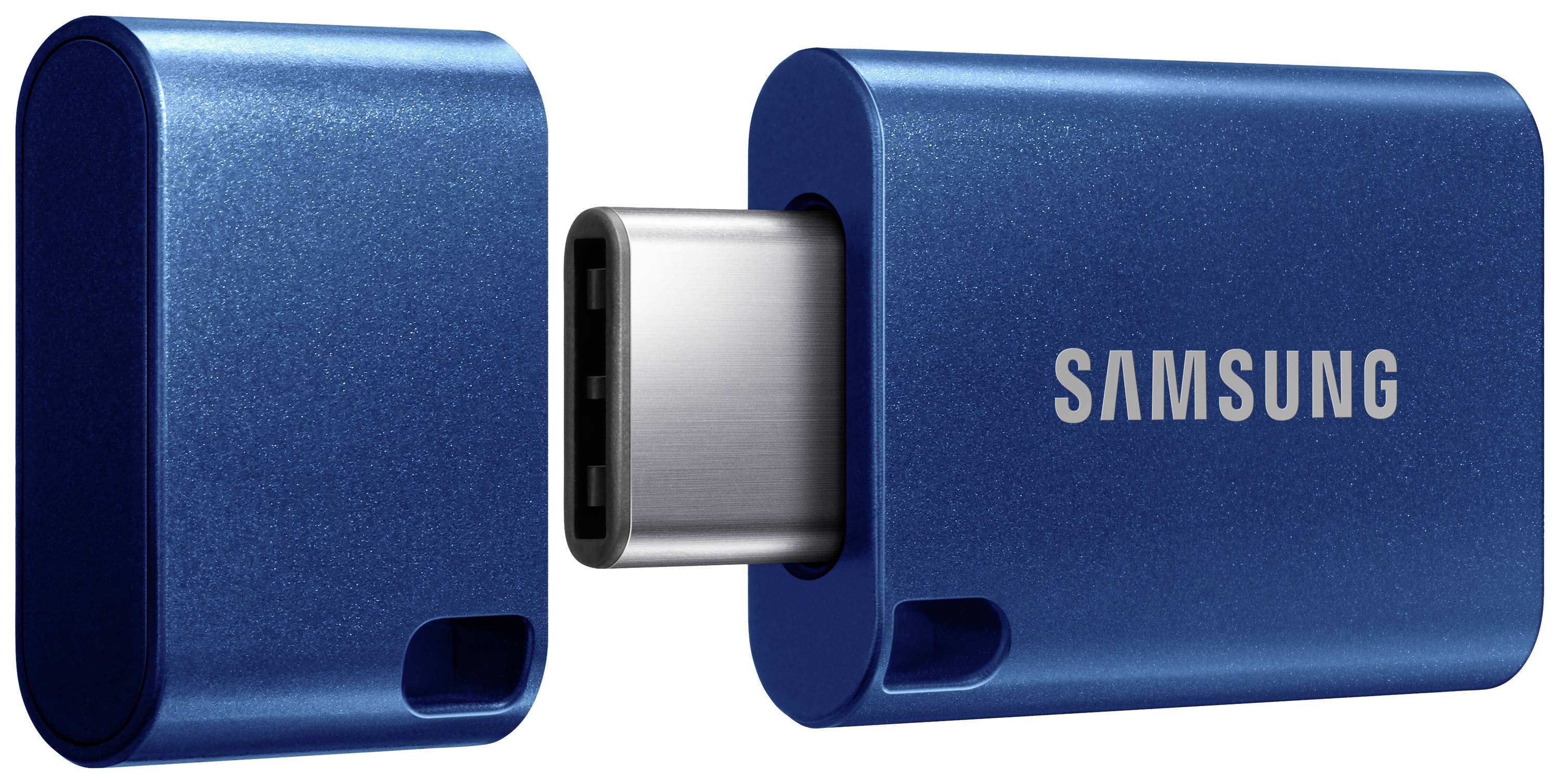 Blauwe USB-stick met verwijderbare dop, merk 'Samsung'.