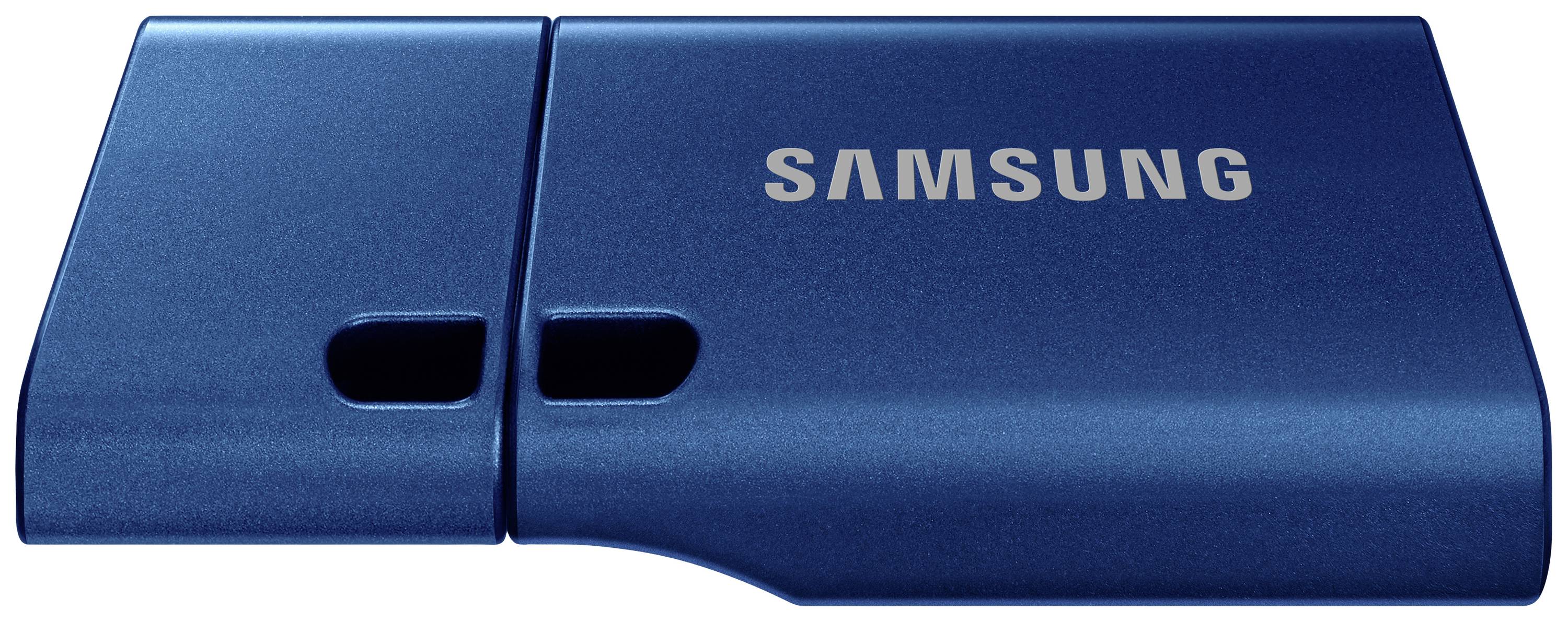 Een blauwe USB-stick met het 'Samsung'-logo zichtbaar aan de voorkant.