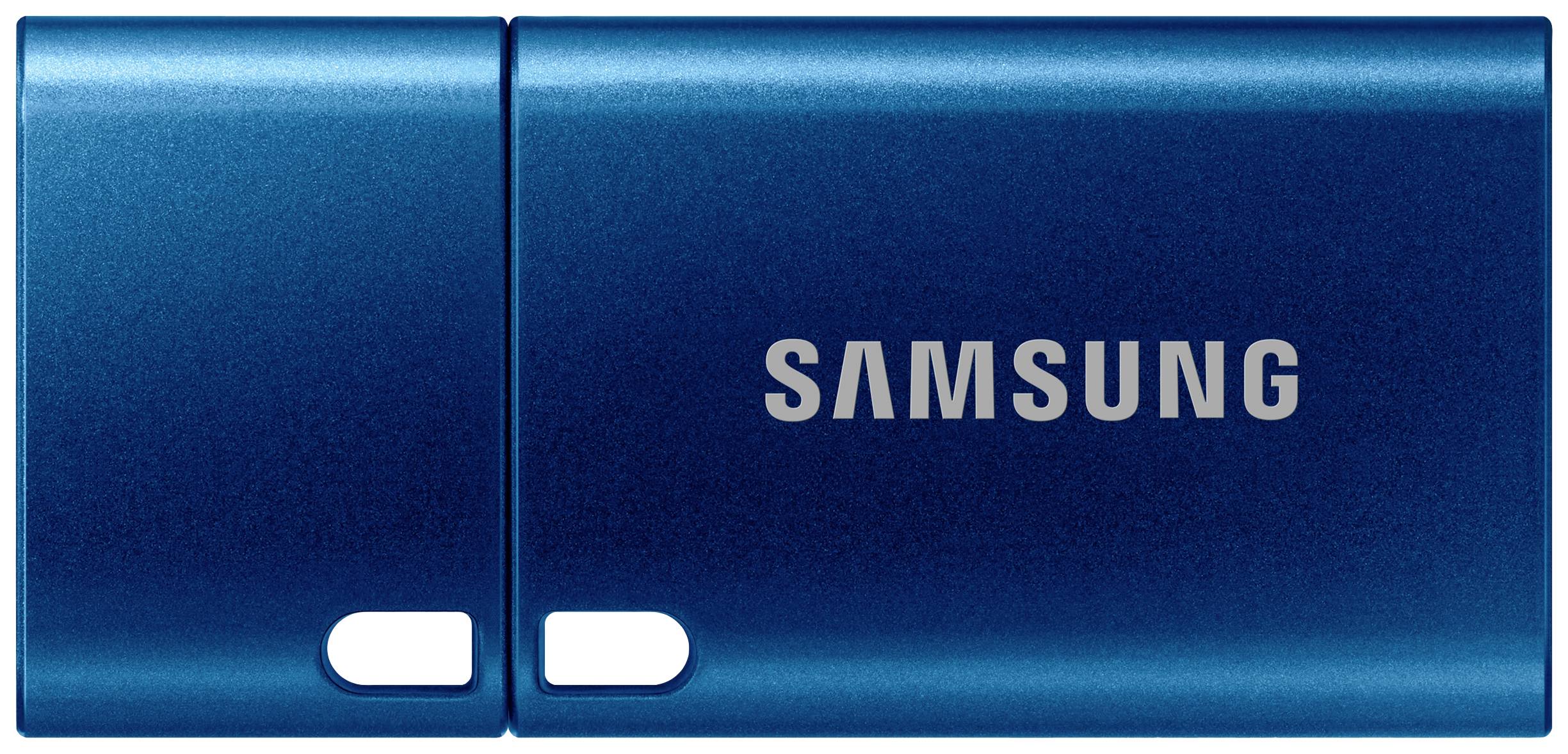 Blauwe USB-stick met de opdruk 'Samsung'.
