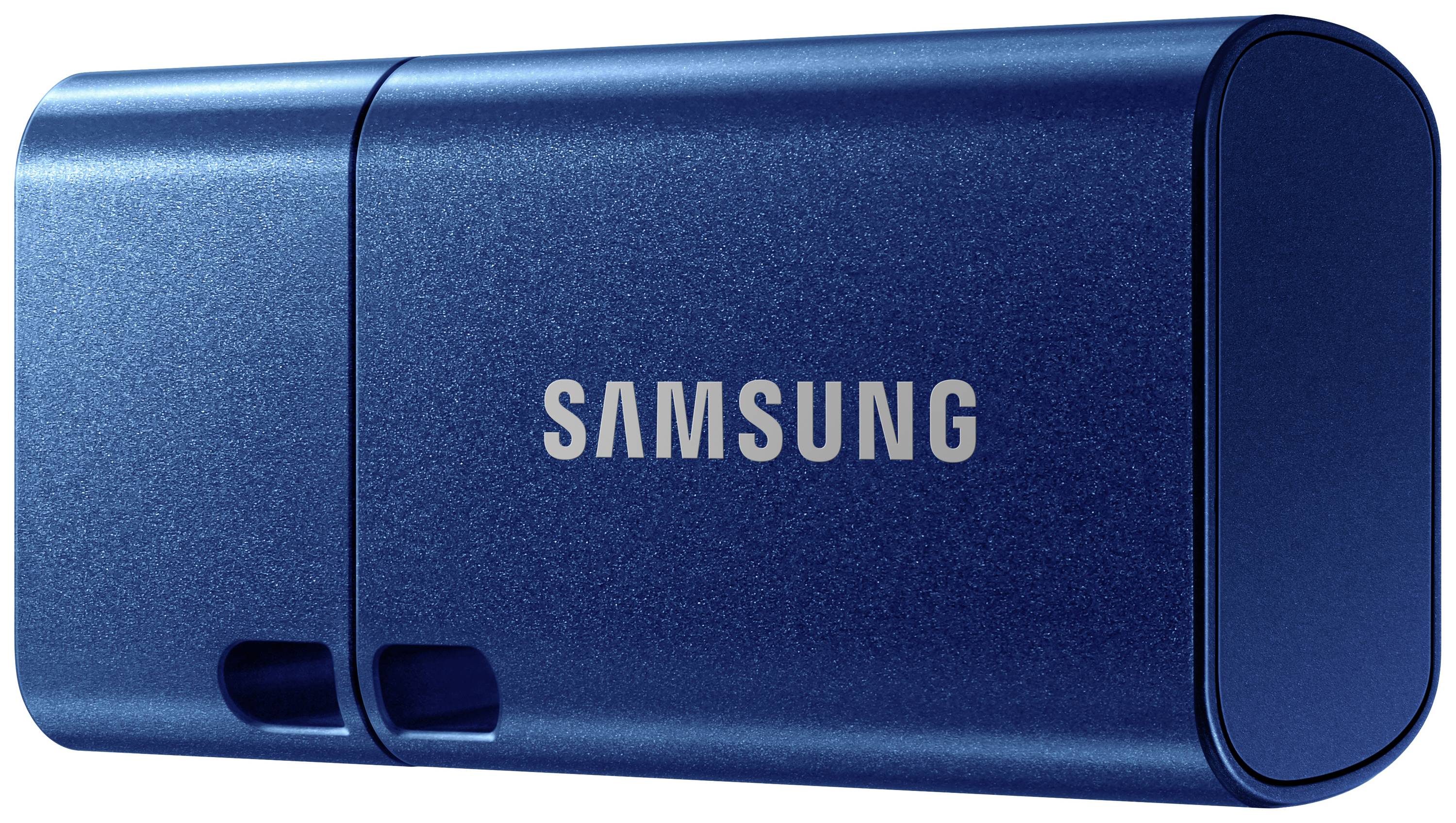 Blauwe Samsung USB-stick met afgeronde hoeken, toont het Samsung-logo in het midden.