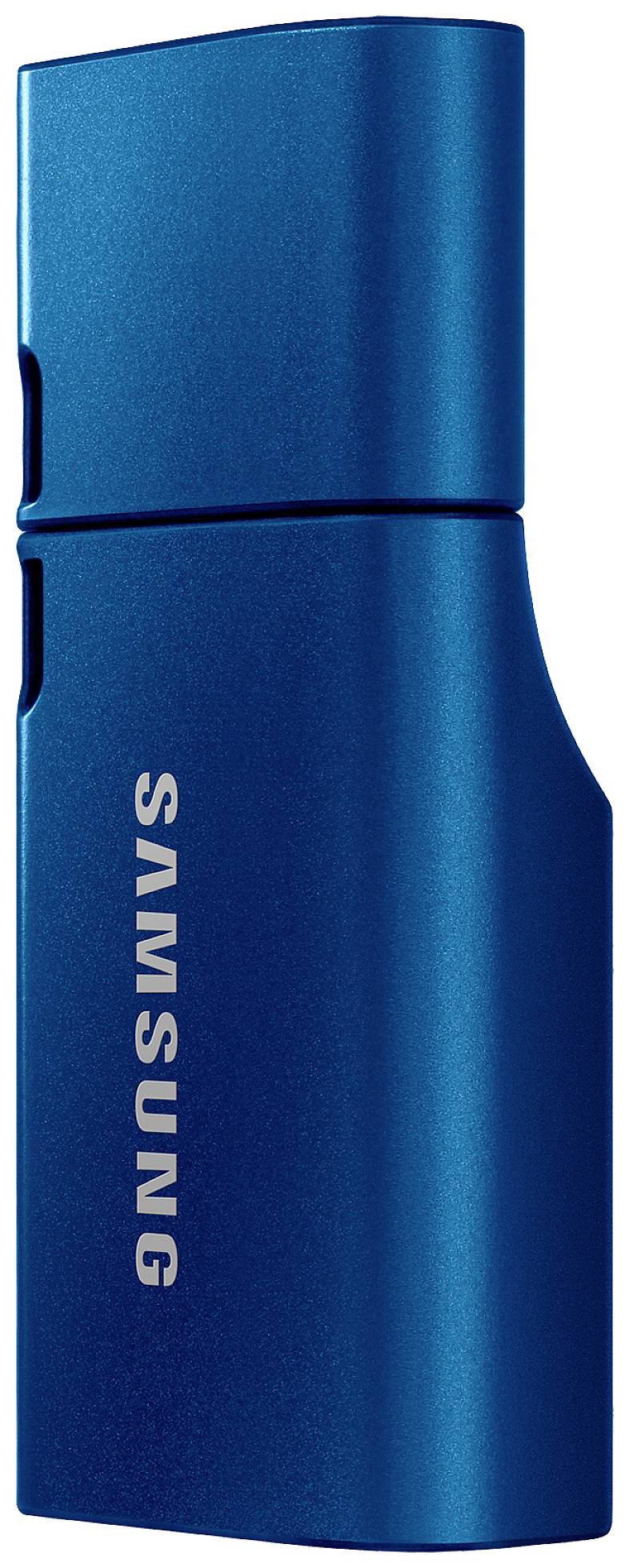 USB-stick in blauw met 'Samsung'-logo aan de zijkant.