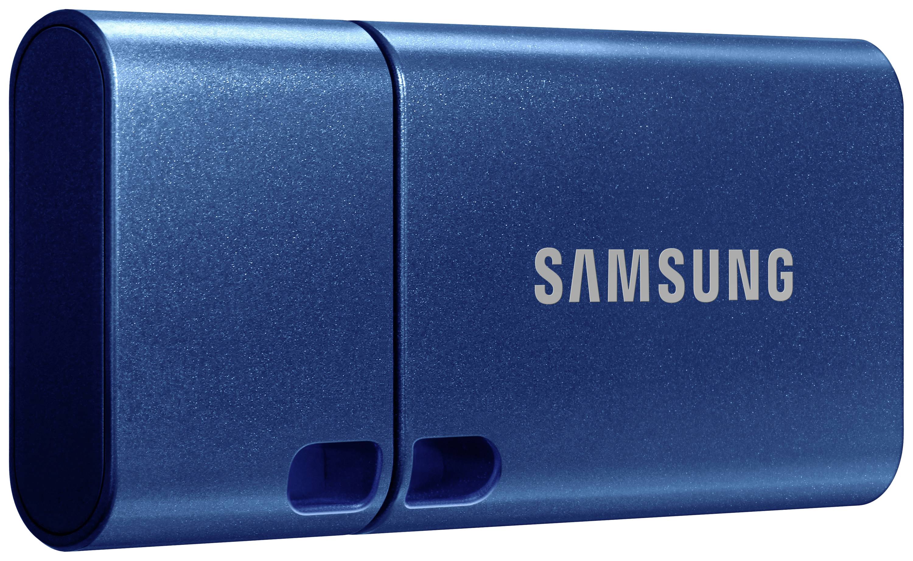 Blauwe Samsung USB-stick met glanzende afwerking.