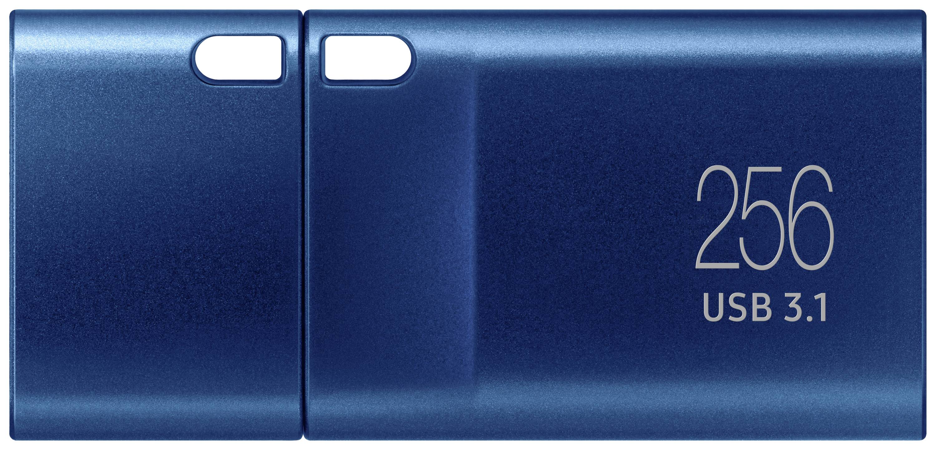 Blauwe 256 GB USB 3.1-stick met schuifmechanisme in gesloten toestand.