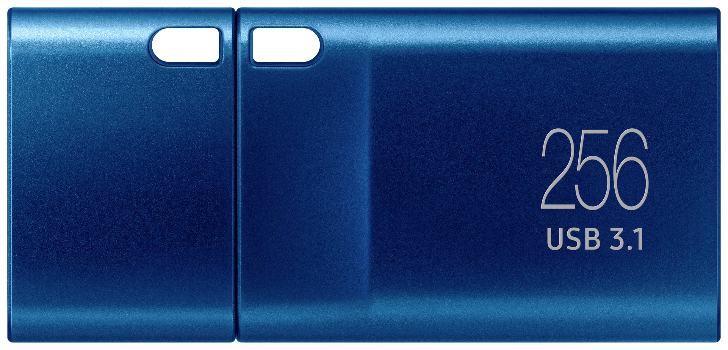 Blauwe USB-stick met 256 GB en USB 3.1-aanduiding.