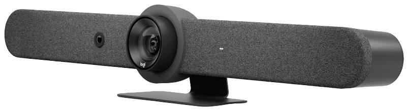Een zwarte webcam met geïntegreerde microfoon en luidspreker, geschikt voor videoconferenties, gemonteerd op een tafelstandaard.