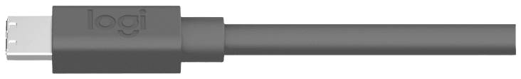 Een grijs oplaadkabel met USB-aansluiting, waarop het logo 'logi' zichtbaar is.