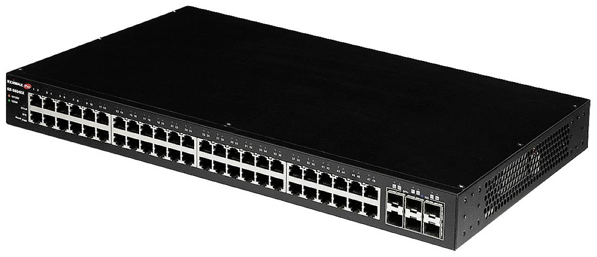 Een zwarte netwerk-switch met 48 Ethernet-poorten en verschillende extra poorten aan de rechterkant.