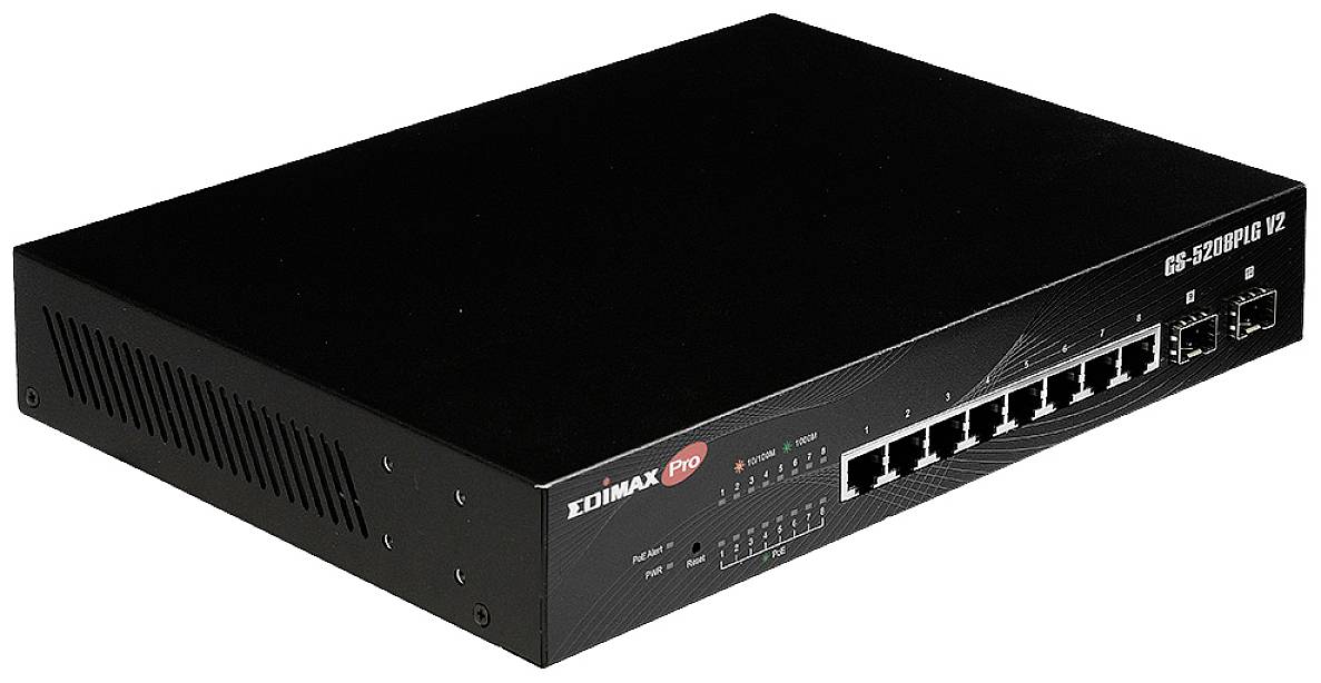 Een zwarte netwerk-switch met meerdere Ethernet-poorten aan de voorkant. Merknaam en modelnummer zijn zichtbaar.