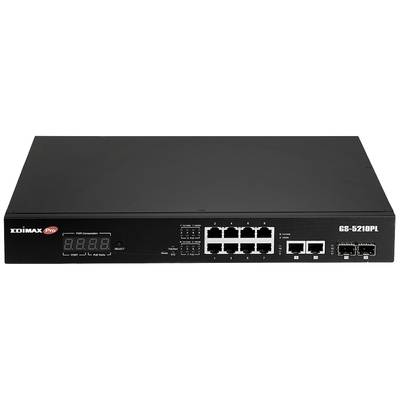 Een zwarte netwerksswitch met meerdere Ethernet-poorten aan de voorkant en een digitaal LED-display. Model 'GS-5210PL'.