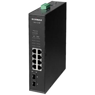Industriële netwerk-switch met acht Ethernet-poorten en twee glasvezelpoorten, model 'EDIMAX IGS-1210P'.
