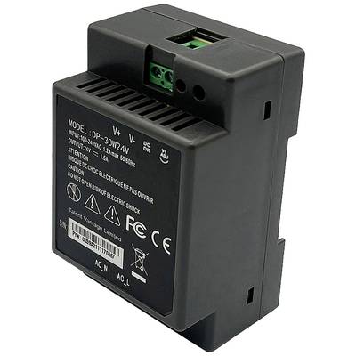Zwarte voedingsdoos met modelnummer DP-30W24V. Ingang 100-240V, uitgang 24V. Waarschuwing voor elektrische schok.