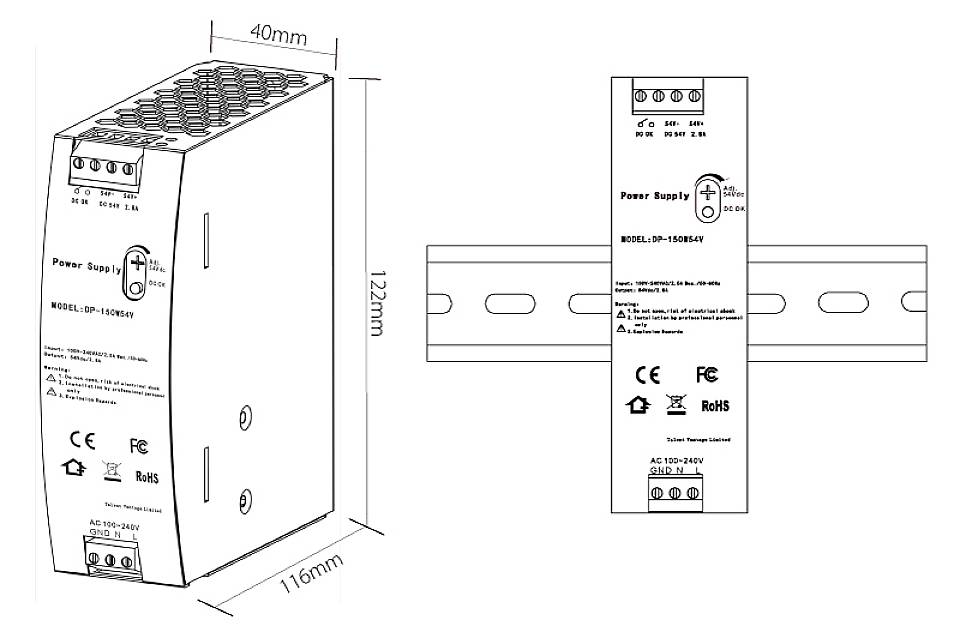Technische tekening van een voeding met afmetingen: 122 mm hoogte, 116 mm breedte, 40 mm diepte. Toont aansluitingen en certificeringen.