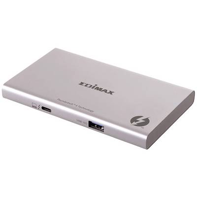 Een zilveren USB-C-hub met Thunderbolt-4-technologie, USB- en stroomaansluiting.