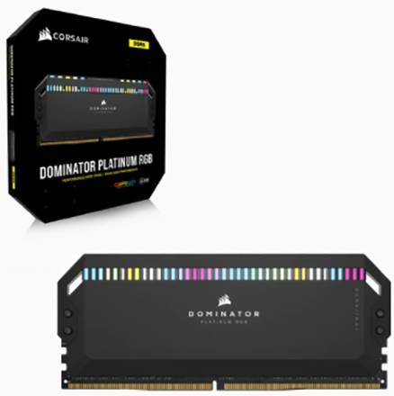 Corsair Dominator Platinum RGB RAM in zwarte verpakking. De RAM-module toont een bovenste RGB-lichtbalk met een kleurrijk kleurenschema.