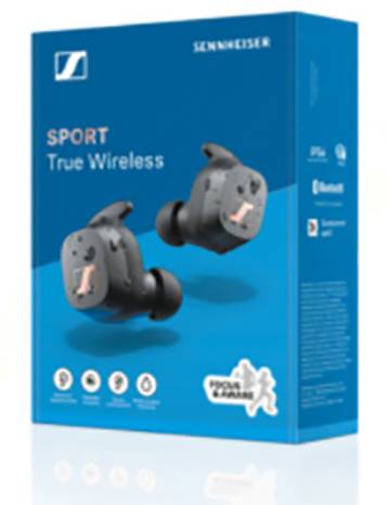 Verpakking van de 'SPORT True Wireless' oordopjes van Sennheiser, blauw, met afbeelding van de oordopjes op de voorkant en Bluetooth-logo.