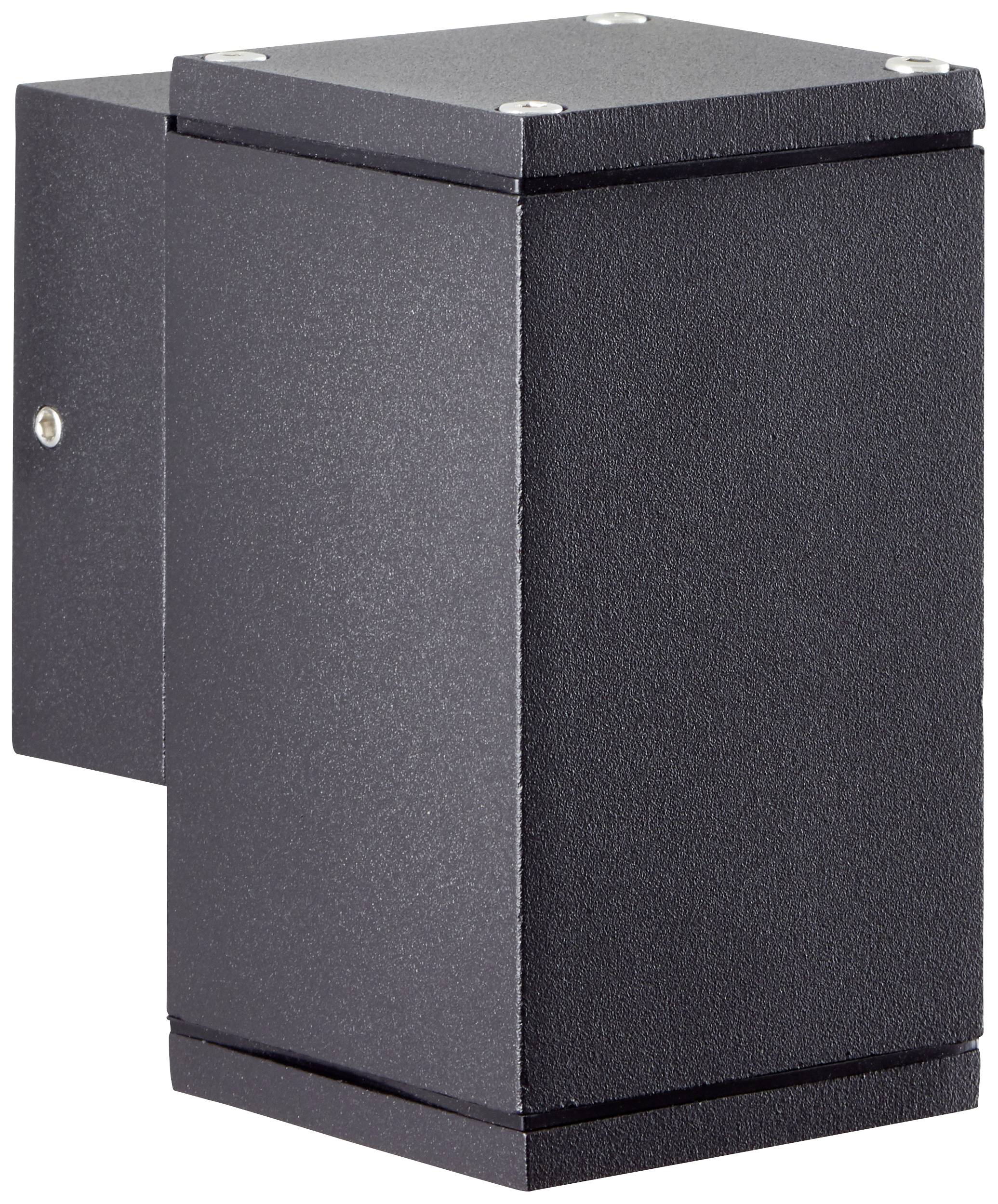 Zwarte, rechthoekige buitenmuurlamp met modern design, geschikt voor stijlvolle buitenverlichting.
